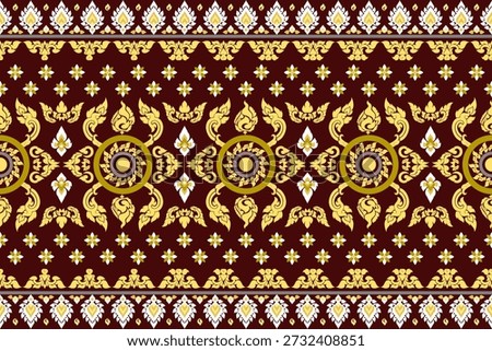 seamless pattern traditional Thai art Lai Thai Kranok gold white motifs floral elements burgundy background typical unique cultural heritage Southeast Asian symmetrical arrangement textile silk patterns ornate royal elegant evokes cultural various fabric design wallpaper digital backgrounds oriental vintage wedding vector illustration