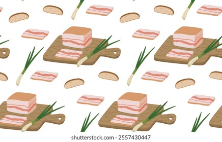 Seamless pattern with traditional Ukrainian food salty pork. Colorful flat background with tasty national dish salo, green onion and bread