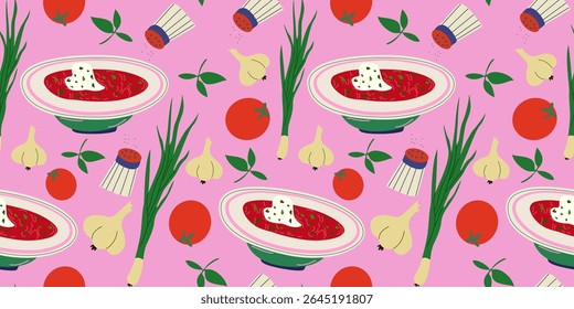 Seamless pattern with traditional Ukrainian food. Bright cartoon flat background with tasty national borsch with sour cream, green onion, tomato, garlic, salt. For print, textile, fabric, packaging