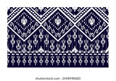 Seamless pattern, traditional white ikat village  tribal design on dark blue background.