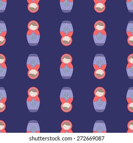 Seamless pattern with a traditionally Russian national matryoshka on a dark blue background