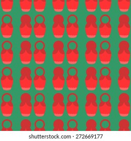 Seamless pattern with a traditionally Russian national red matryoshka on a dark green background aquamarine