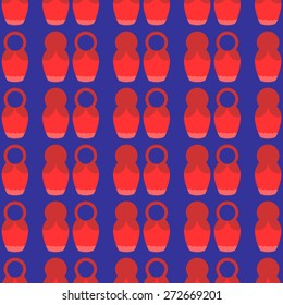 Seamless pattern with a traditionally Russian national red matryoshka on a dark blue background