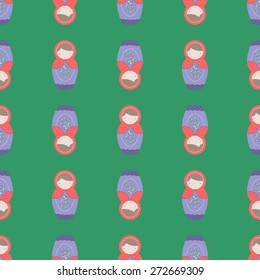 Seamless pattern with a traditionally Russian national matryoshka on a dark green background