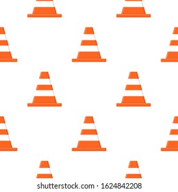 Seamless pattern with traffic cones isolated on white background. Cartoon style. Vector illustration for design, web, wrapping paper, fabric, wallpaper.
