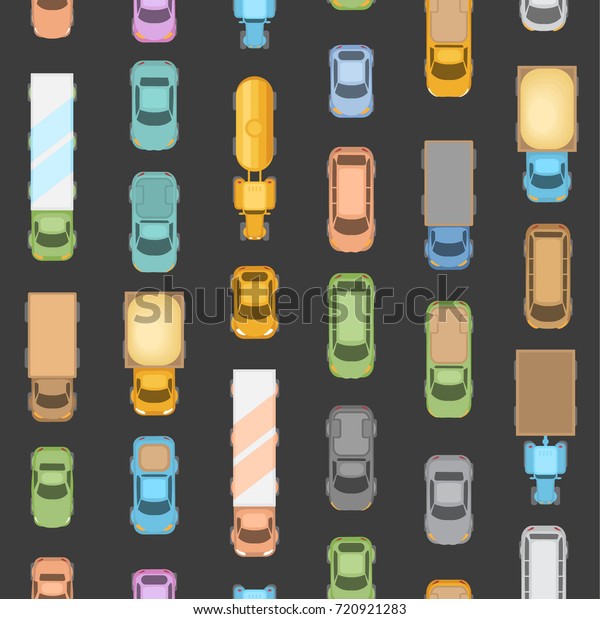 Seamless pattern. Traffic jam.\
Top view. The road with various vehicles in traffic. View from\
above.