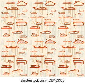 Seamless pattern of traffic. Means of transportation: bus, plane, ship, train, submarine. EPS 10 vector
