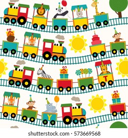 seamless pattern train with birthday characters - vector illustration, eps