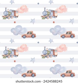 Seamless pattern with train, car. Cute childish wallpaper. Watercolor toys background in pastel colors