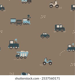 Seamless pattern with train car and truck colored background. Vector illustration for printing on fabric, packaging paper. Cute children's background.
