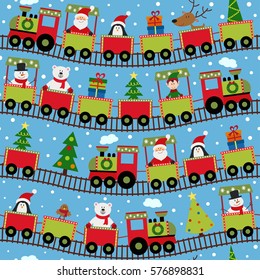 seamless pattern train with Christmas characters - vector illustration, eps
