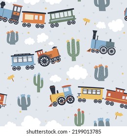 A seamless pattern with trains and cactuse and clouds on a yellow background. Concept for kids linen, clothing, wrapping paper.