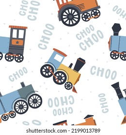 A seamless pattern with trains and inscription "Choo Choo". Concept for children textile