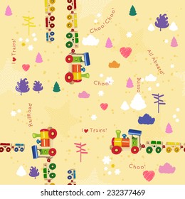 Seamless pattern with trains and railroad. Design for kids. Vector illustration in cartoon style.