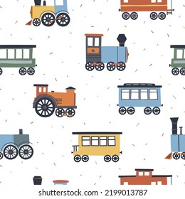 A seamless pattern with trains and wagons on a white background. Concept for kids linen, clothing, wrapping paper.