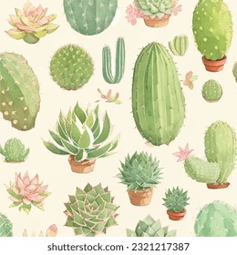Seamless pattern of tranquil cacti and succulents in vector illustration. Serene desert oasis