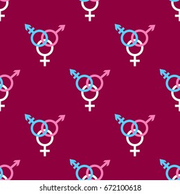 Seamless pattern with trans gender sign on dark pink background. Vector illustration