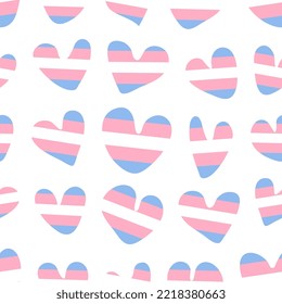 Seamless pattern with transgender flag hearts. Doodle hand drawn elements isolated on white background. Vector illustration in simple flat style