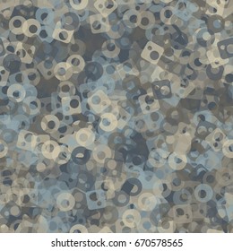Seamless pattern. Translucent colored shapeless spots, circles and rounded squares with holes arranged at random. Fashion camo for men's, women's and children's clothing. Gray, blue, beige tones.