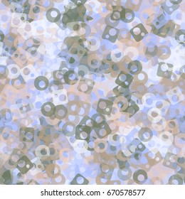 Seamless pattern. Translucent colored shapeless spots, circles and rounded squares with holes arranged at random. Fashion camo for men's, women's, children's clothing. Green-gray, white, blue, beige.