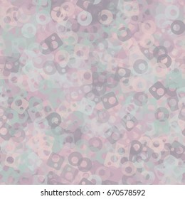 Seamless pattern. Translucent colored shapeless spots, circles and rounded squares with holes arranged at random. Fashion camo for men's, women's and children's clothing. Gray, pink, green-blue.