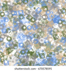 Seamless pattern. Translucent colored shapeless spots, circles and rounded squares with holes arranged at random. Fashion camo for men's, women's, children's clothing. White, blue, beige, gray tones.
