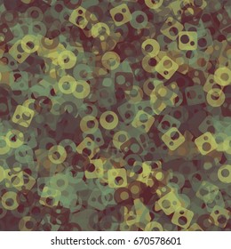 Seamless pattern. Translucent colored shapeless spots, circles and rounded squares with holes arranged at random. Fashion camo for men's, women's, children's clothing. Brown, green-blue, yellow-green.