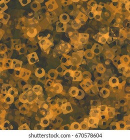 Seamless pattern. Translucent colored shapeless spots, circles and rounded squares with holes arranged at random. Fashion camo for men's, women's and children's clothing. Orange, green, gray tones.