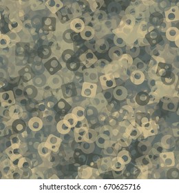 Seamless pattern. Translucent colored shapeless spots, circles and rounded squares with holes arranged at random. Fashion camo for men's, women's, children's.  