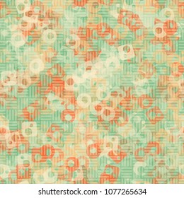 Seamless pattern of translucent elements.
Background of the chaos of blots, squares and circles with holes. The foreground of the chess grid.