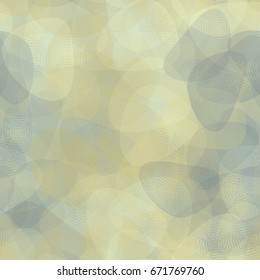Seamless pattern. Translucent four-sided shapes arranged in a random order. Background of the spots. Pale gray, green and yellow.