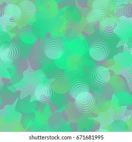 Seamless pattern. Translucent shapes of eccentric circles arranged in a random order. Background of the blots. Green, blue, gray.