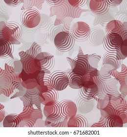 Seamless pattern. Translucent shapes of eccentric circles arranged in a random order. Background of the blots. Light gray and red-brown tones.