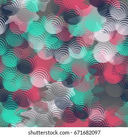 Seamless pattern. Translucent shapes of eccentric circles arranged in a random order. Background of the blots. White, gray, green, blue.