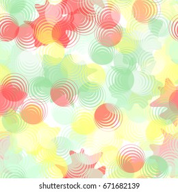 Seamless pattern. Translucent shapes of eccentric circles arranged in a random order. Background of the blots. White, yellow, green, red light tones.