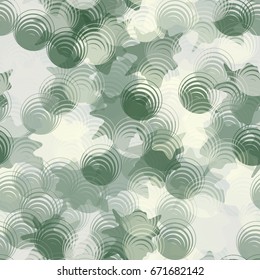 Seamless pattern. Translucent shapes of eccentric circles arranged in a random order. Background of the blots. Light green-gray tones