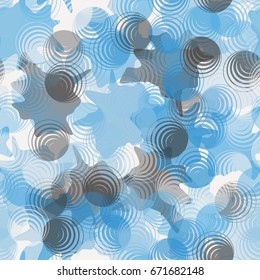Seamless pattern. Translucent shapes of eccentric circles arranged in a random order. Background of the blots. White, blue, gray tones.