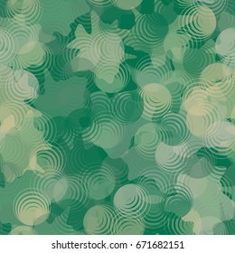 Seamless pattern. Translucent shapes of eccentric circles arranged in a random order. Background of the blots. Beige and green tones.
