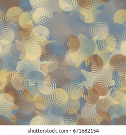 Seamless pattern. Translucent shapes of eccentric circles arranged in a random order. Background of the blots. Beige, blue-gray, brown-gray.
