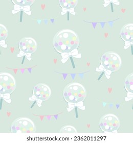 seamless pattern of transparent balloons with mini colorful balloons inside , bunting flags  and mini hearts on green mint  background