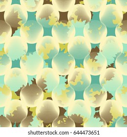 Seamless pattern. Transparent balls in the foreground. The camouflage pattern in the background. Yellow, green-blue tones, brown, khaki.