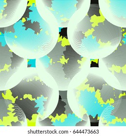 Seamless pattern. Transparent balls in the foreground. The camouflage pattern in the background. Gray tones, blue, green-yellow, beige.