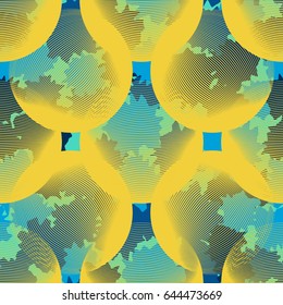 Seamless pattern. Transparent balls in the foreground. The camouflage pattern in the background. Yellow, blue tones,  green, gray-blue.