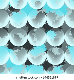 Seamless pattern. Transparent balls in the foreground. The camouflage pattern in the background. Blue, gray tones, pale blue.
