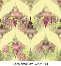 Seamless pattern. Transparent balls in the foreground. The camouflage pattern in the background. Yellow, green, brown, purple-brown.