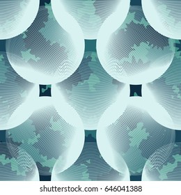 Seamless pattern. Transparent balls in the foreground. The camouflage pattern in the background. Blue-gray-green tones.