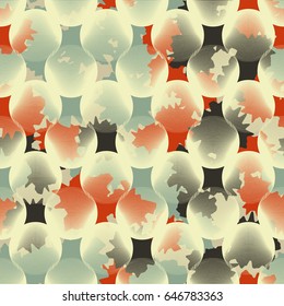 Seamless pattern. Transparent balls in the foreground. The camouflage pattern in the background. Yellow, green-gray, orange-brown, gray.