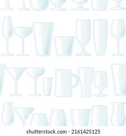 Seamless pattern Transparent beer wine and water glasses mugs vector illustration on white background