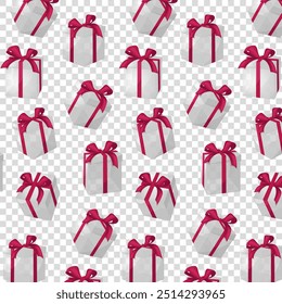 Seamless pattern transparent box with red bow and ribbon. Cube shape gift box, in front view.For greeting card on Christmas, New Year, birthday and anniversary.