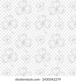 Seamless pattern transparent clover leaf. St Patrick's Day symbol, Irish lucky shamrock. Endless repeated backdrop, texture, wallpaper.